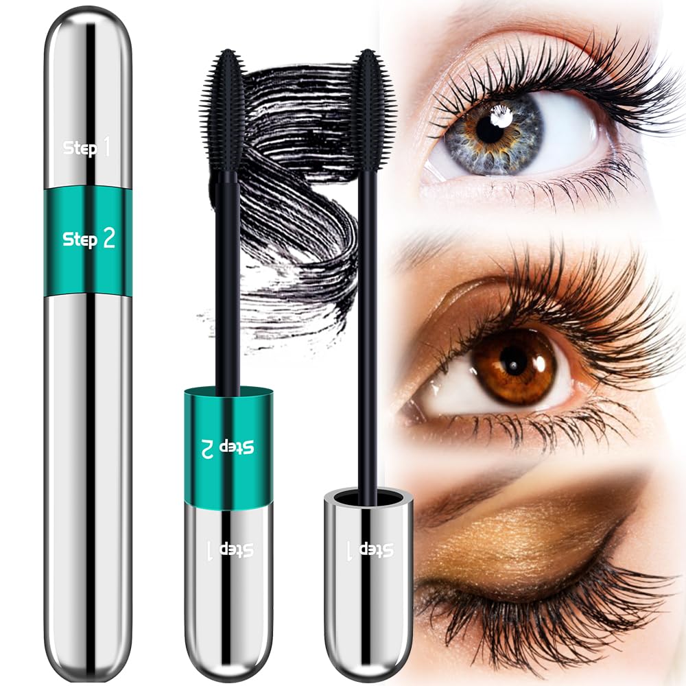 2 in 1 Mascara 5x Longer Waterproof – 4D Silk Fiber Volume and Length Magic Effect and Natural Lash Look in One Tubing Mascara Liquid Lash Extensions Mascara for Makeup Black