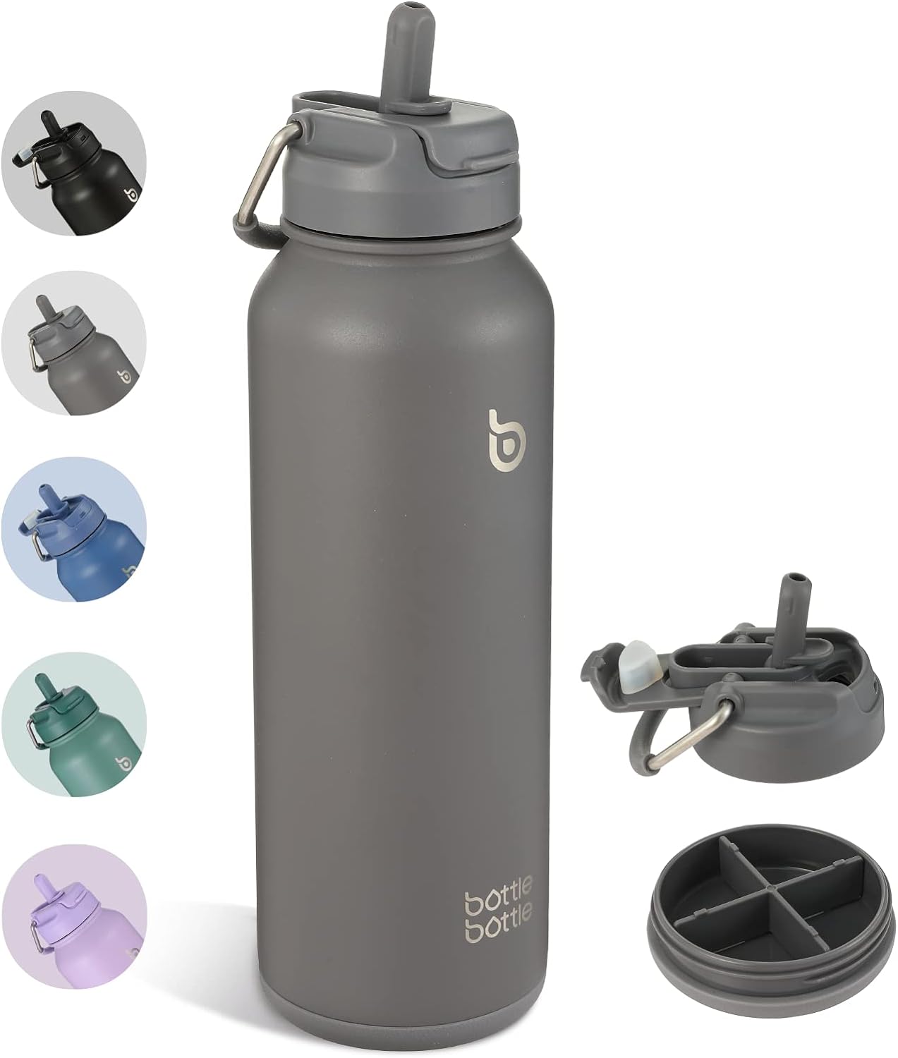 40oz Insulated Water Bottle with Straw Sport Stainless Steel Water Bottle with Handle Lid Outdoor Sports Bottle for Pills (gray)