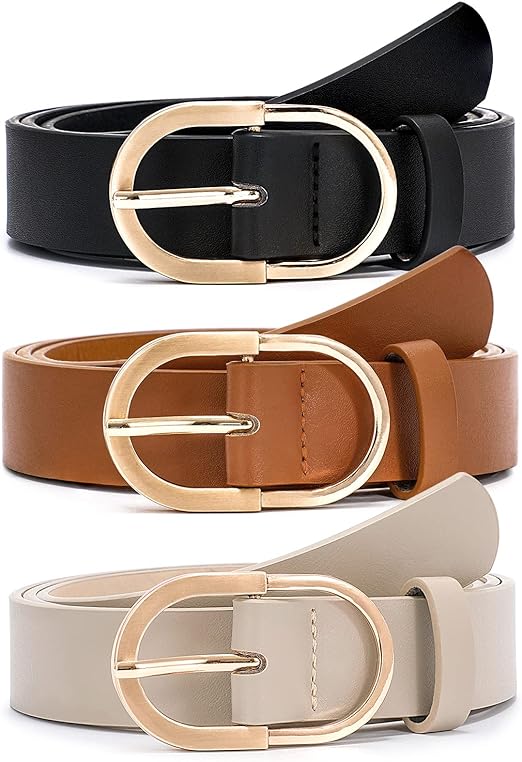 3 Pack Women’s Leather Belts for Jeans Pants Fashion Gold Buckle Ladies Dress Belt