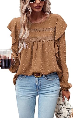 Women’s Long Sleeve Blouses Ruffle Swiss Dot Crochet Loose Fit 2023 Fall Tunic Dressy Casual Tops