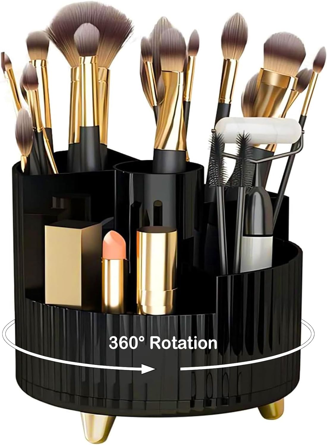 Makeup Brush Holder, 360° Degree Rotating Makeup Organizer for Vanity, 5 Slots Spinning Makeup Brushes Storage Organizer, Pen Holder, Cosmetic Makeup Brush Cup for Beauty Tools and Lipsticks (Black)