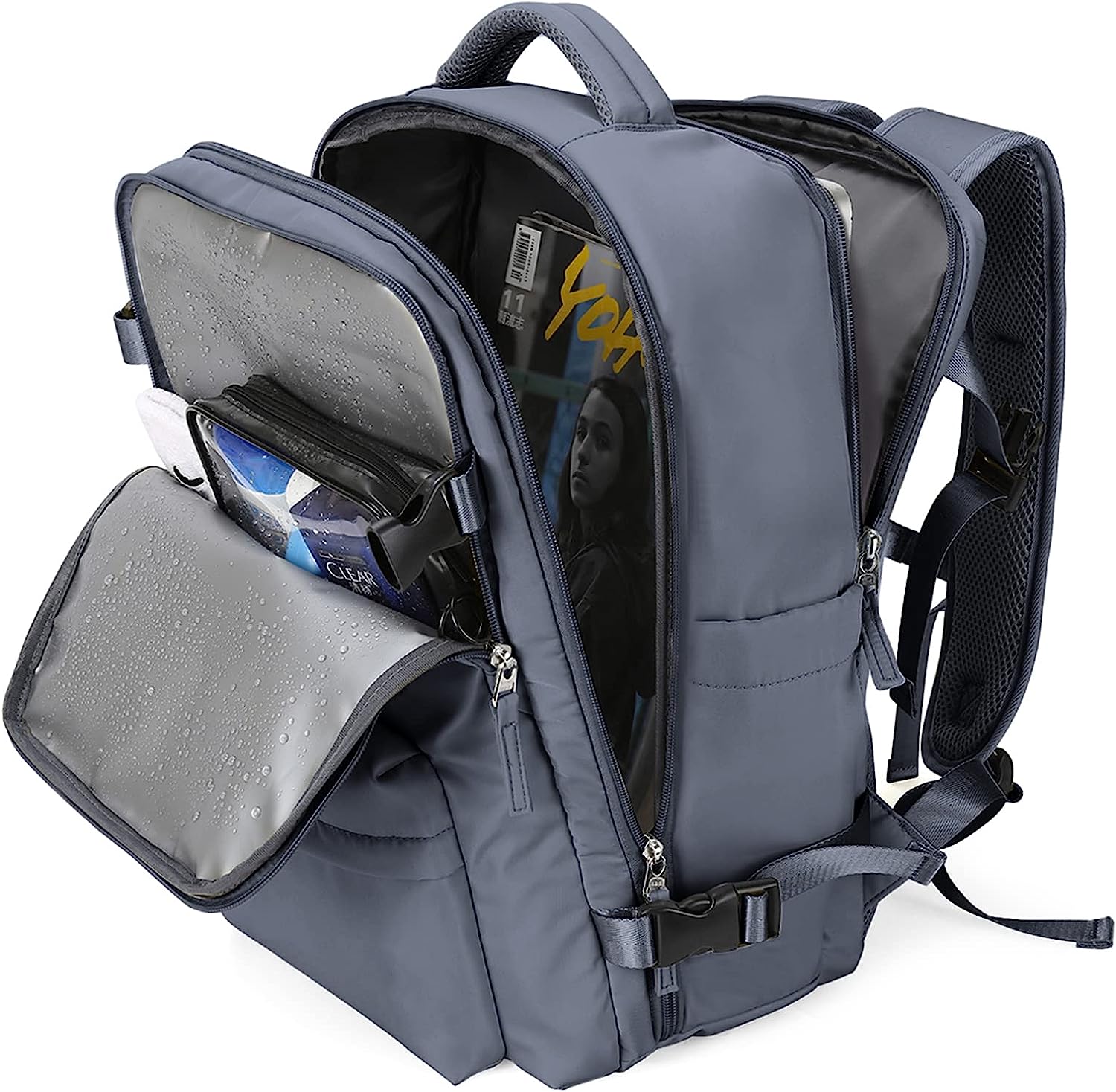 Large Travel Backpack Women, Carry On Backpack,Hiking Backpack Waterproof Outdoor Sports Rucksack Casual Daypack with USB Charging Port Shoes Compartment, Grey Blue