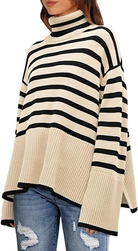 Women’s Fall 2023 Oversized Turtleneck Trendy Sweaters Ribbed Knit Pullover Sweater Top with Slit