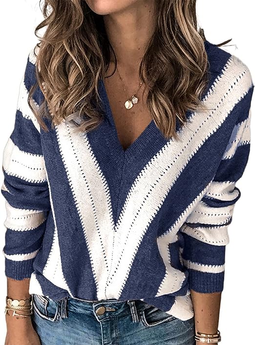 Women’s Fashion Long Sleeve Striped Color Block Knitted Sweater Crew Neck Loose Pullover Jumper Tops