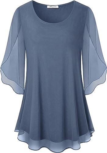 Womens Ruffle 3/4 Sleeve Mesh Blouses Loose Flowy Tops Stretchy Shirts